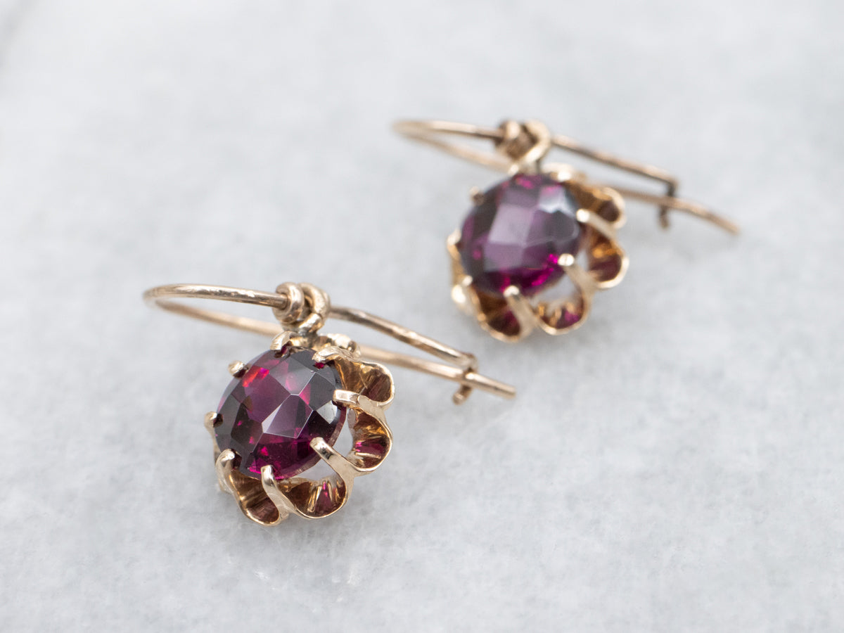 Romantic Rhodolite Garnet and Gold Buttercup Drop Earrings