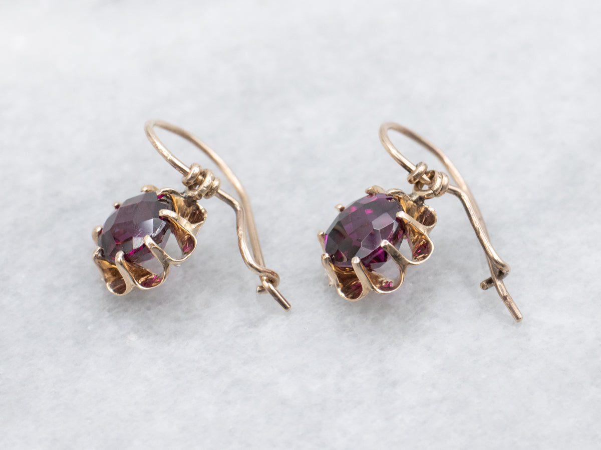 Romantic Rhodolite Garnet and Gold Buttercup Drop Earrings