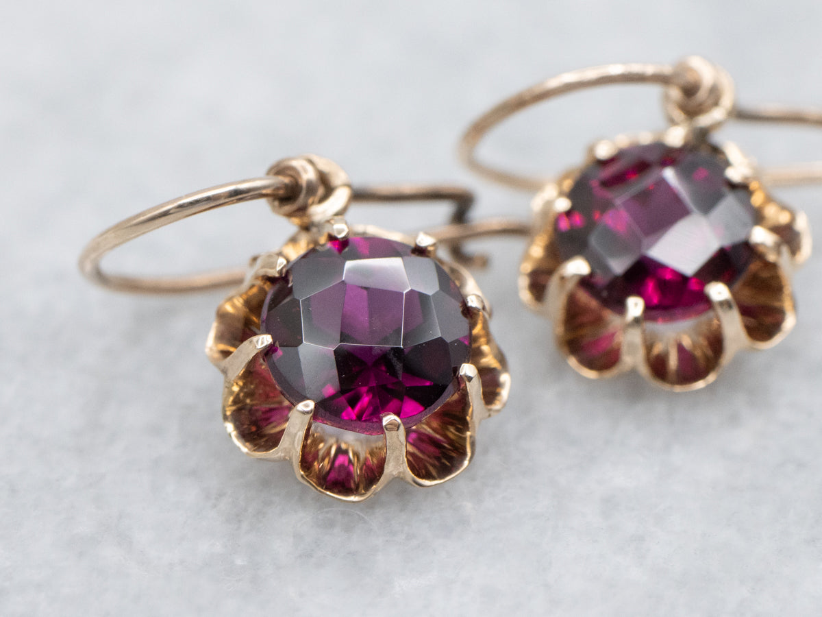 Romantic Rhodolite Garnet and Gold Buttercup Drop Earrings
