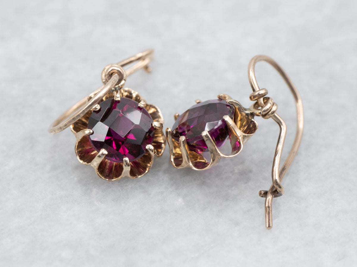 Romantic Rhodolite Garnet and Gold Buttercup Drop Earrings