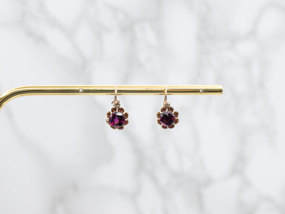 Romantic Rhodolite Garnet and Gold Buttercup Drop Earrings