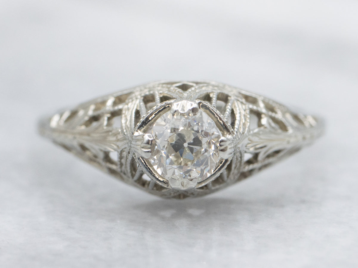 Art Deco Old Mine Cut Diamond Solitaire Engagement Ring