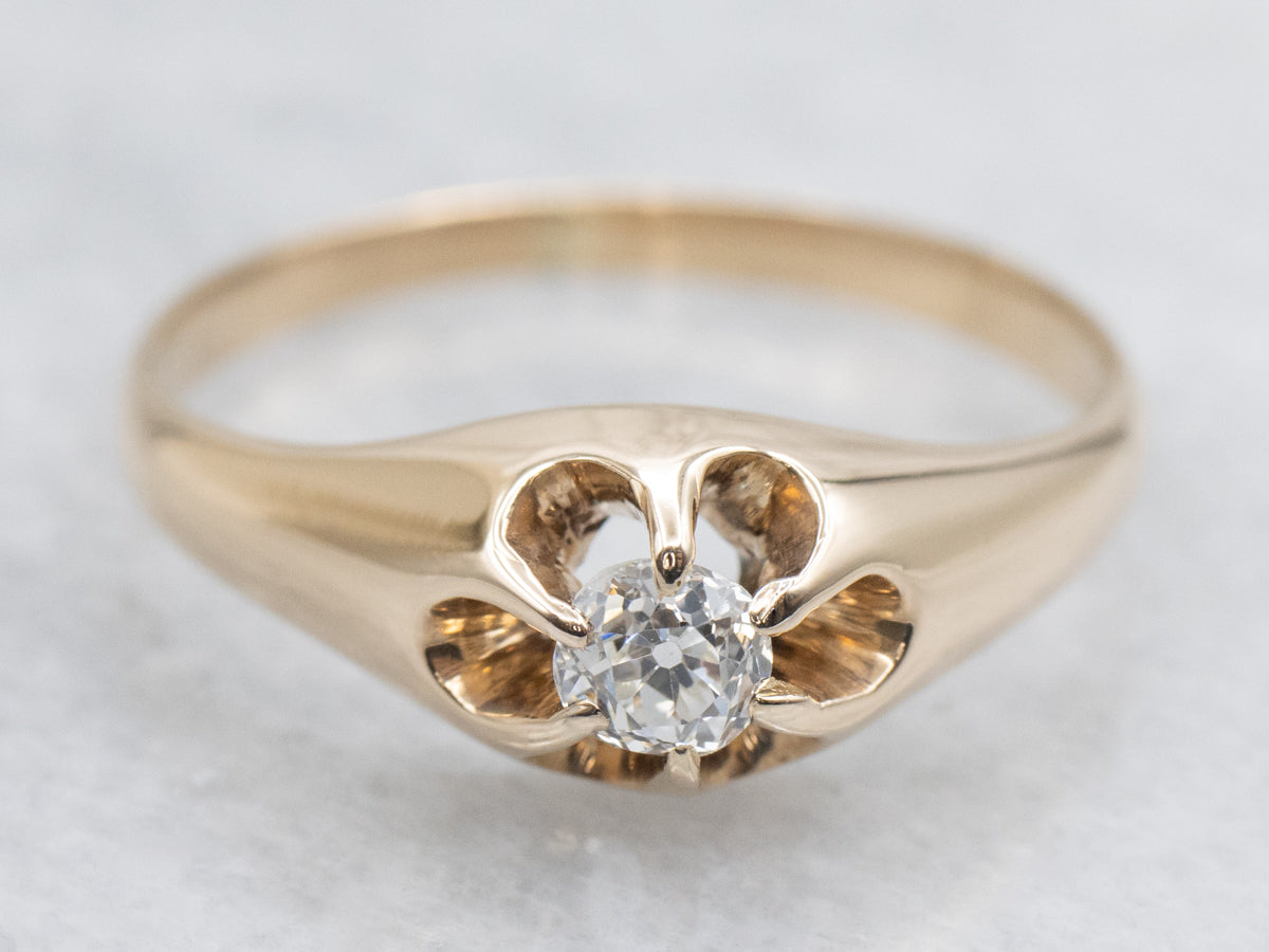 Old Mine Cut Diamond Belcher-Set Antique Engagement Ring