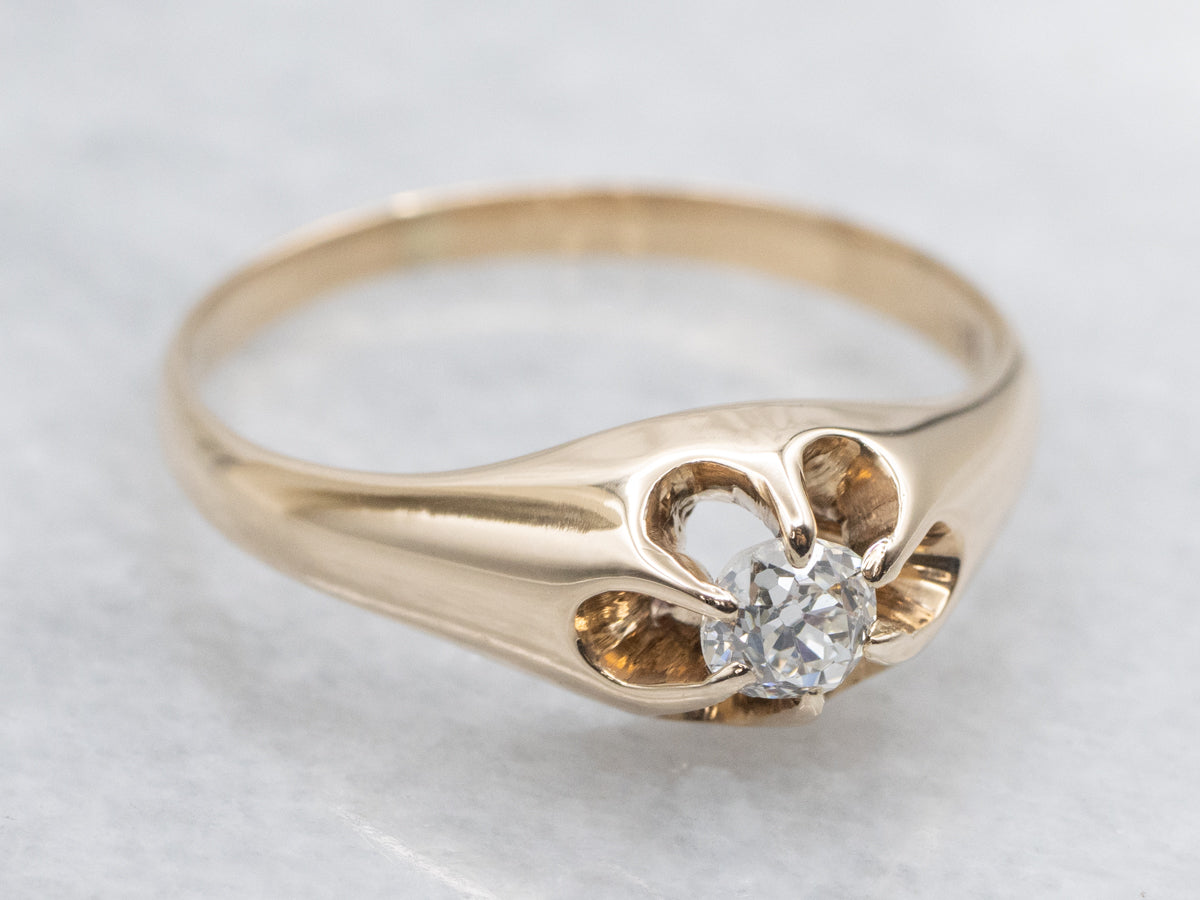 Old Mine Cut Diamond Belcher-Set Antique Engagement Ring