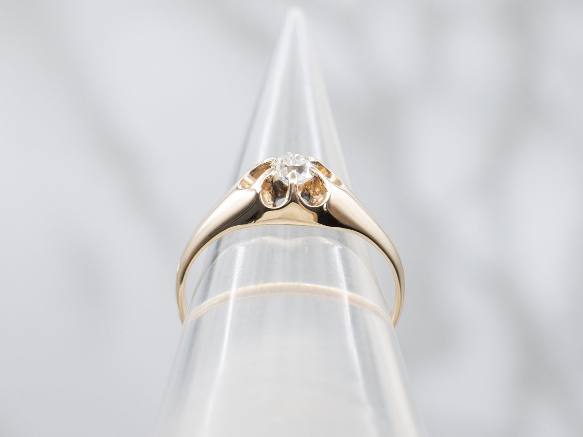 Old Mine Cut Diamond Belcher-Set Antique Engagement Ring