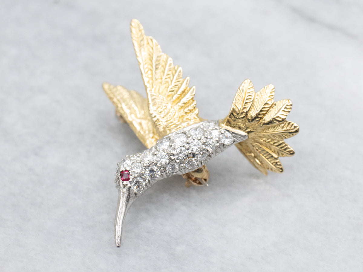 Diamond Encrusted Mixed-Metal Hummingbird Pin with Ruby Eye