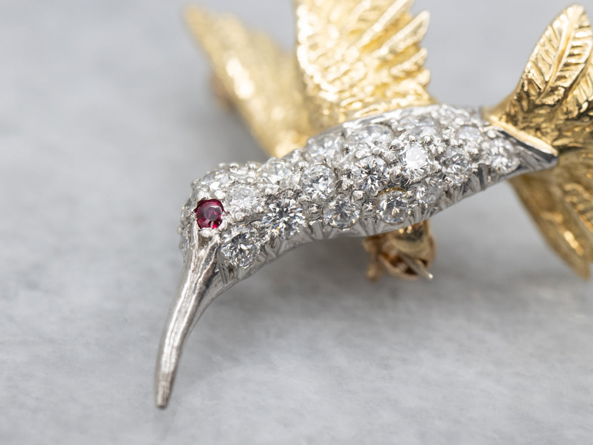 Diamond Encrusted Mixed-Metal Hummingbird Pin with Ruby Eye