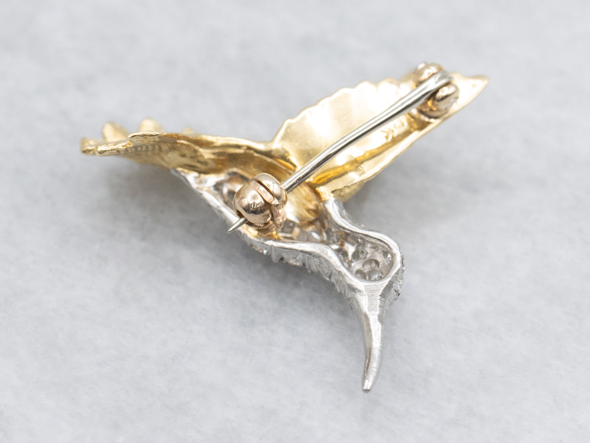 Diamond Encrusted Mixed-Metal Hummingbird Pin with Ruby Eye
