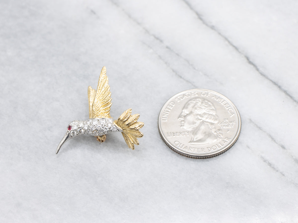 Diamond Encrusted Mixed-Metal Hummingbird Pin with Ruby Eye