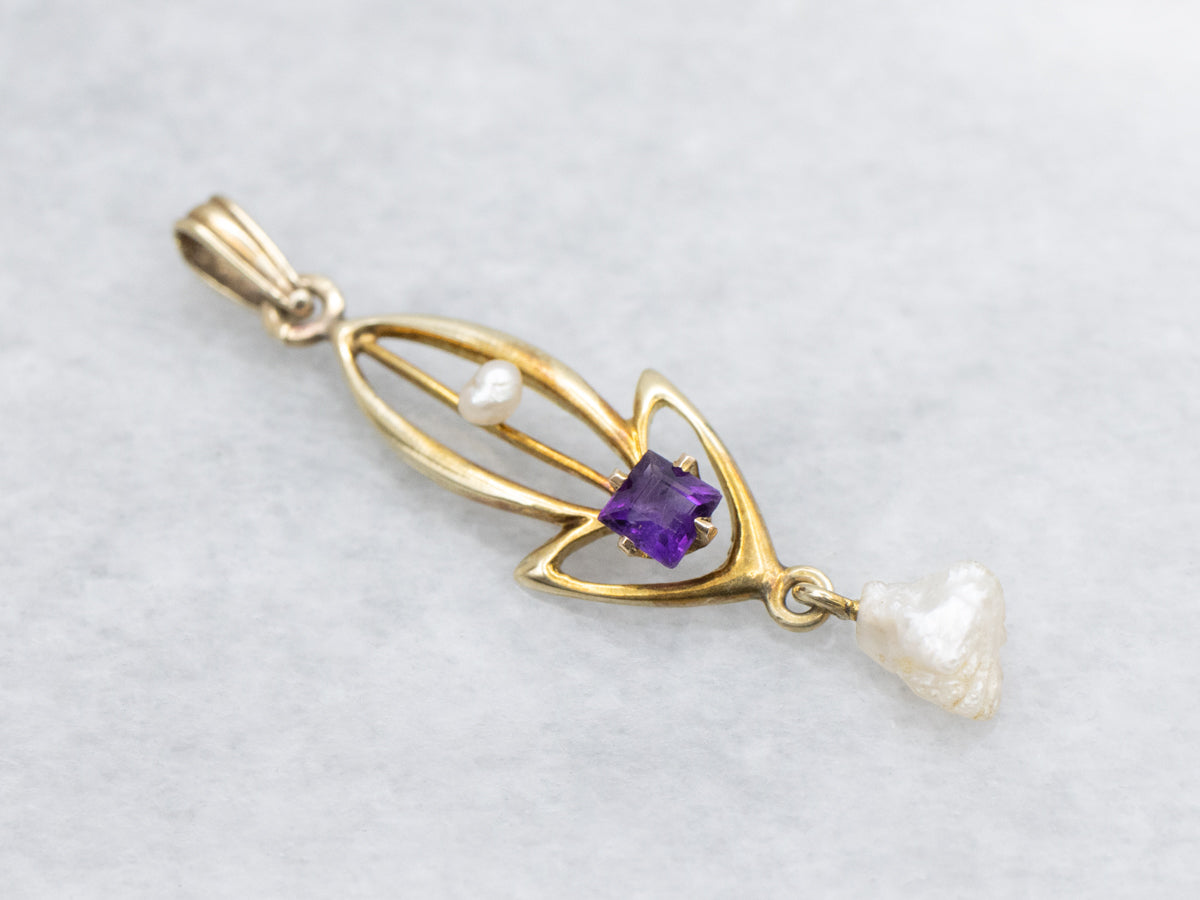 Amethyst and Baroque Pearl Antique Gold Lavalier Pendant