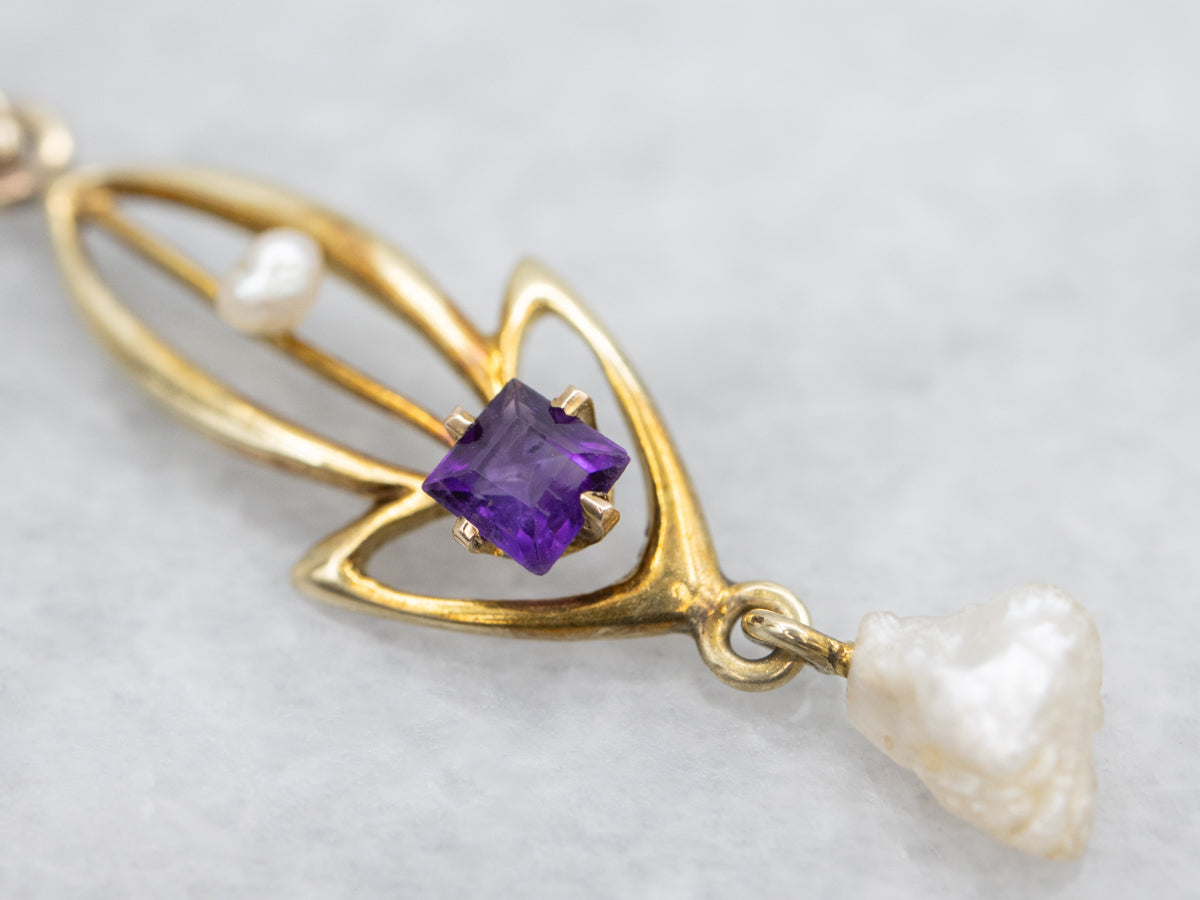 Amethyst and Baroque Pearl Antique Gold Lavalier Pendant