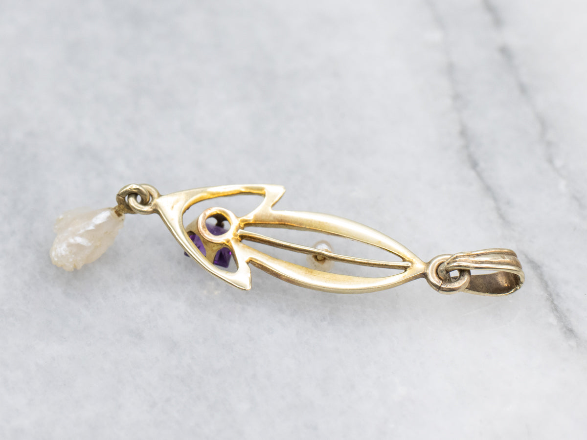 Amethyst and Baroque Pearl Antique Gold Lavalier Pendant