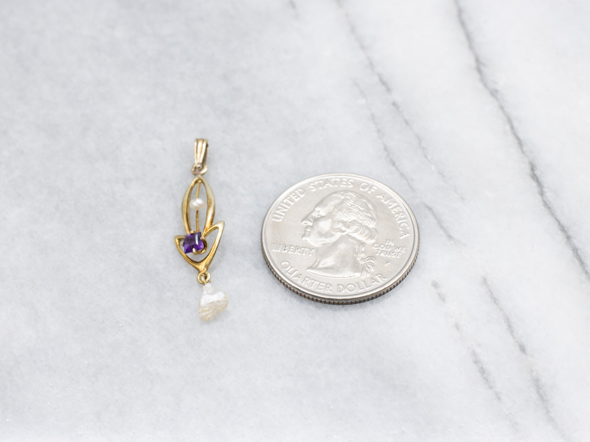 Amethyst and Baroque Pearl Antique Gold Lavalier Pendant
