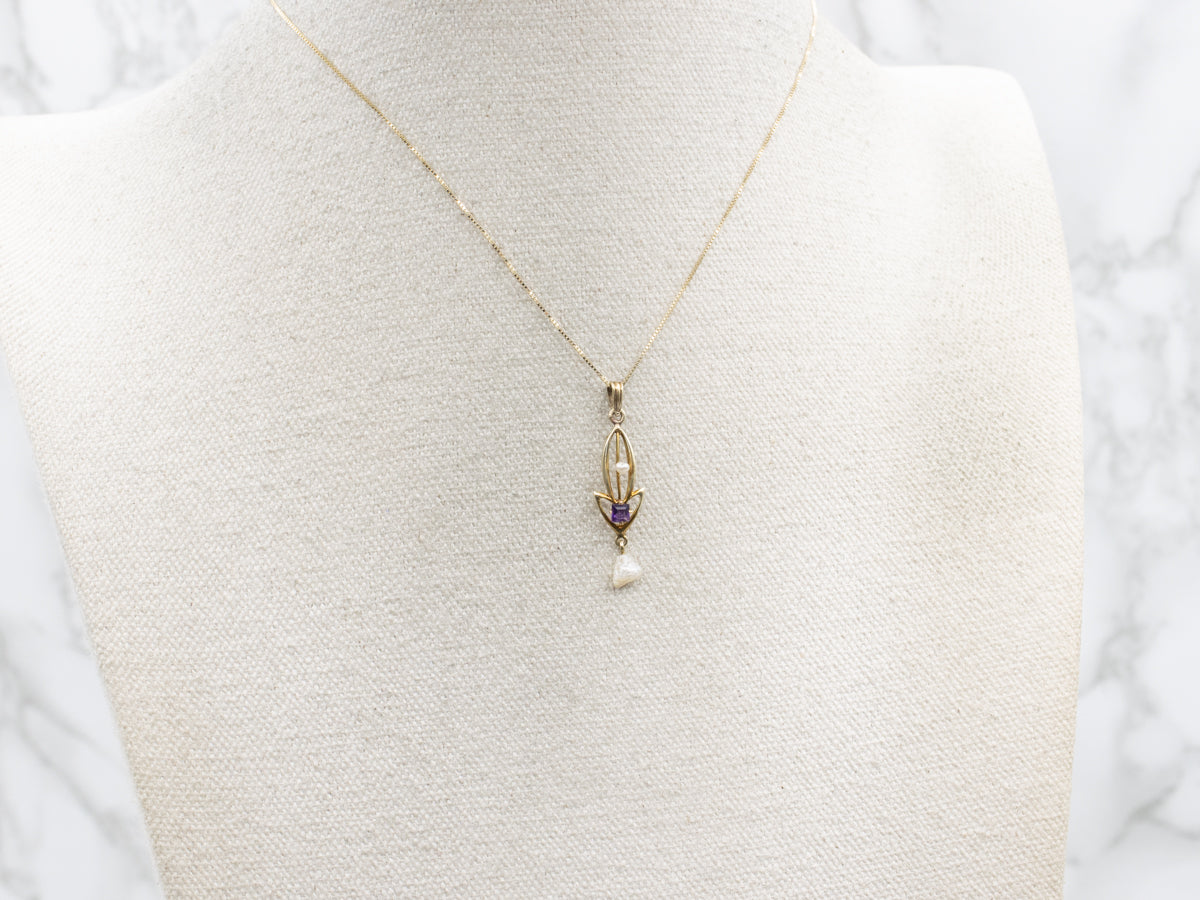 Amethyst and Baroque Pearl Antique Gold Lavalier Pendant