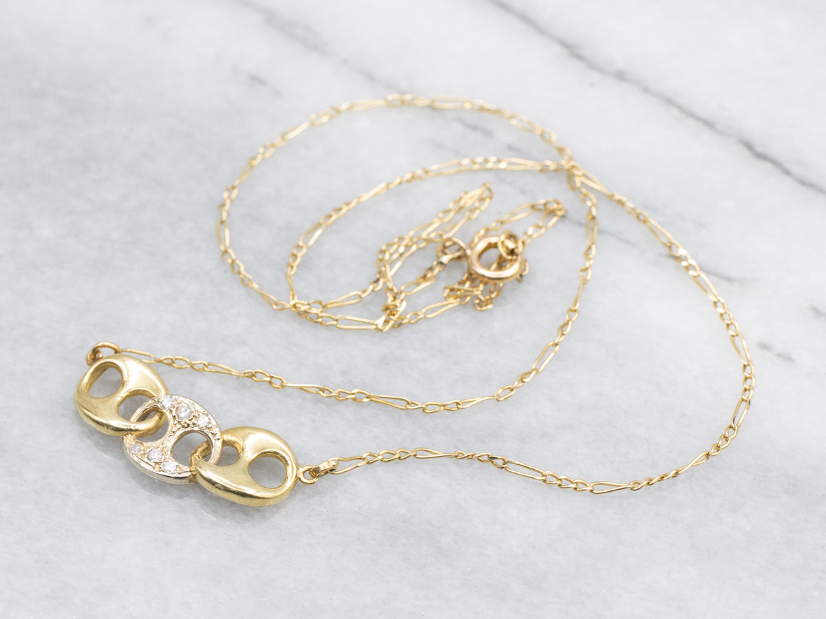 Two Tone Gold Anchor-Link Diamond Pendant Necklace