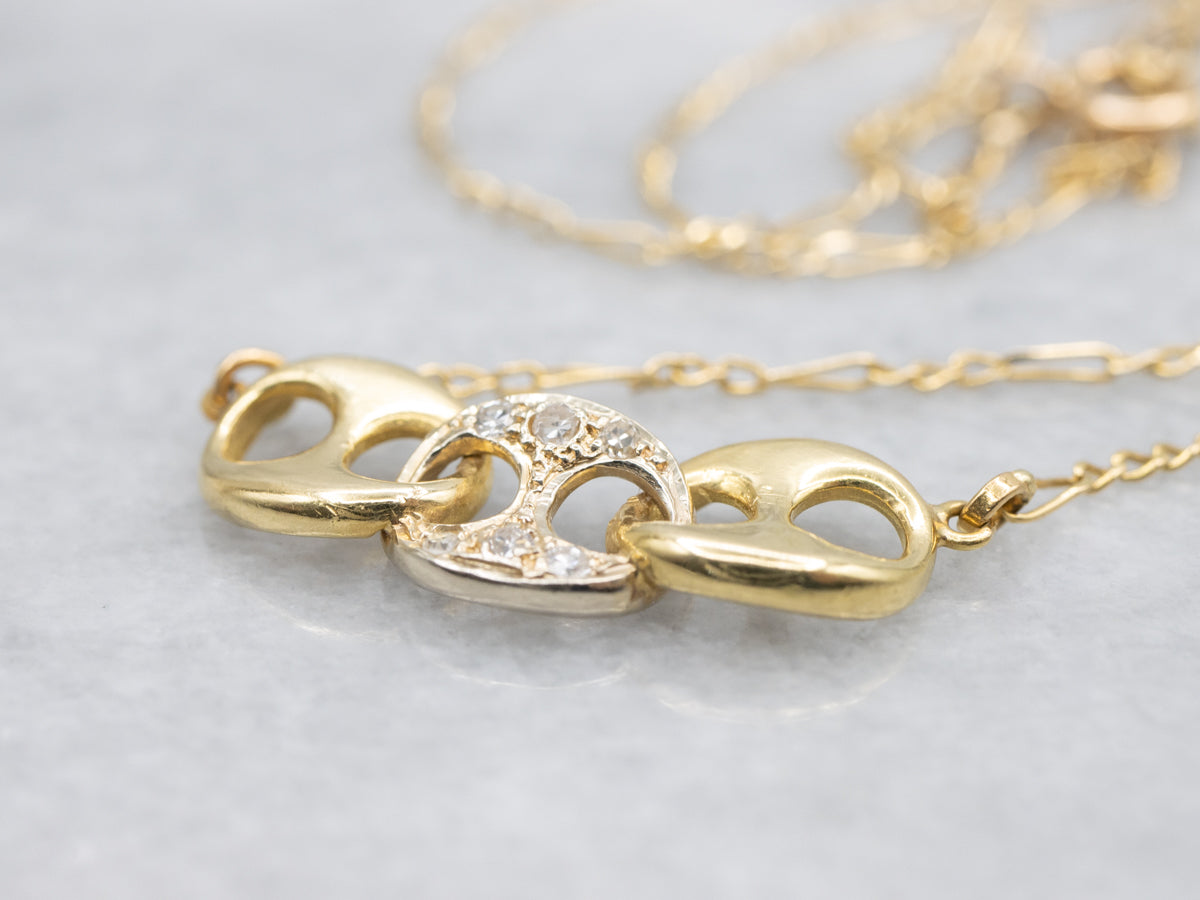 Two Tone Gold Anchor-Link Diamond Pendant Necklace