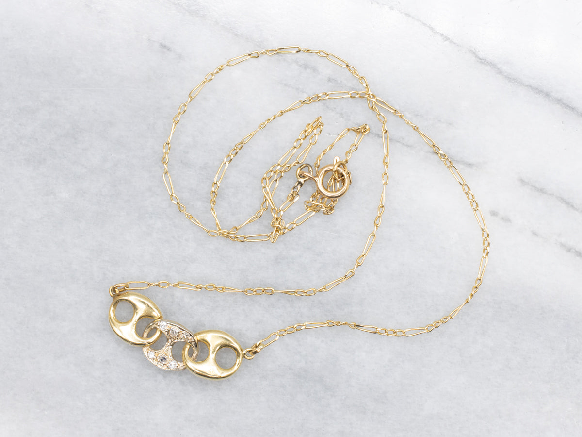 Two Tone Gold Anchor-Link Diamond Pendant Necklace