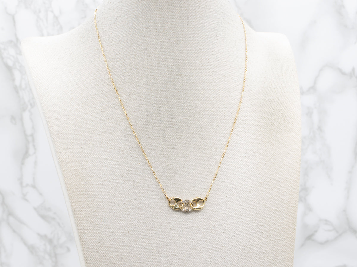 Two Tone Gold Anchor-Link Diamond Pendant Necklace