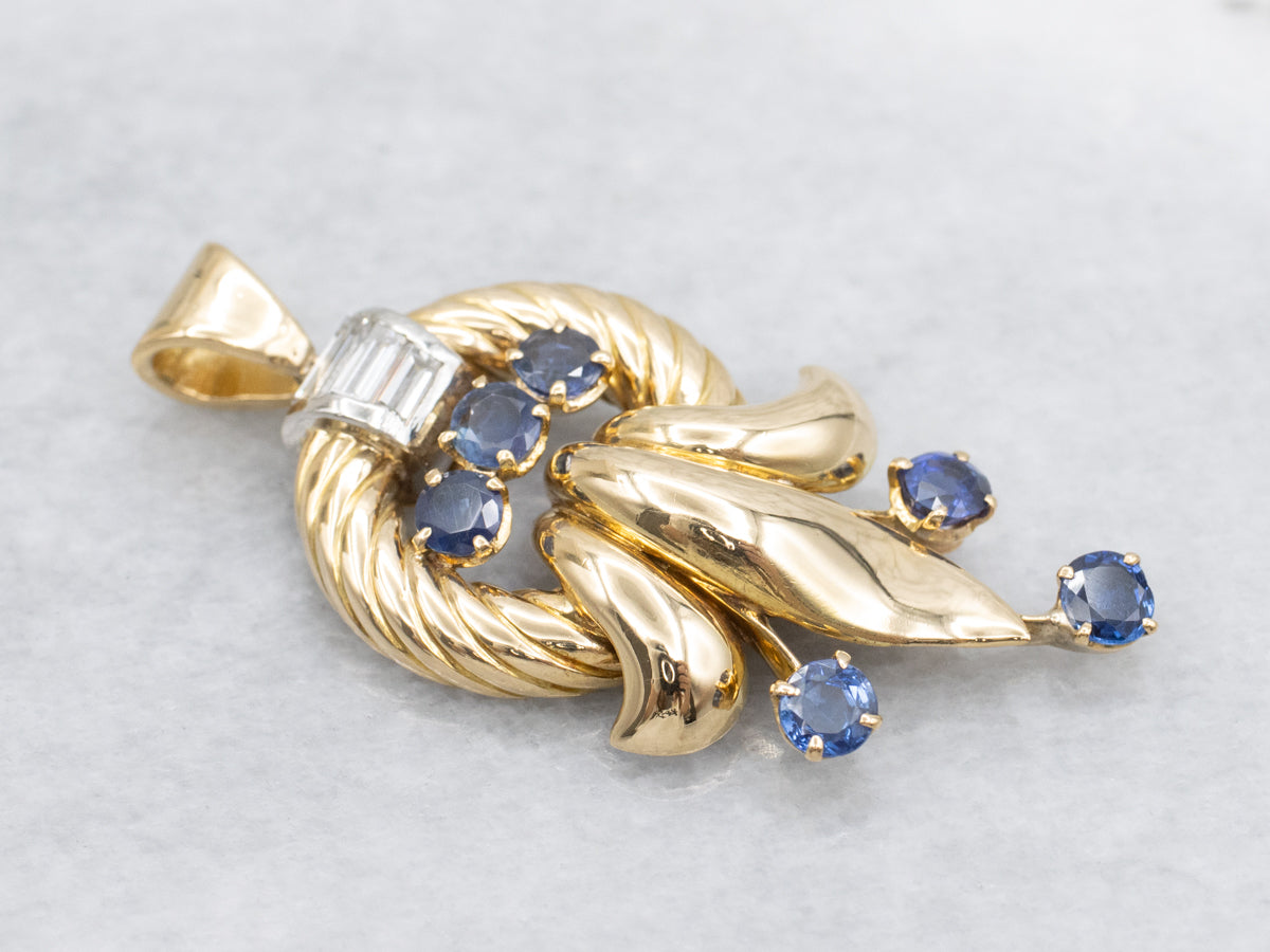 Vintage Sapphire and Baguette Cut Diamond Pendant