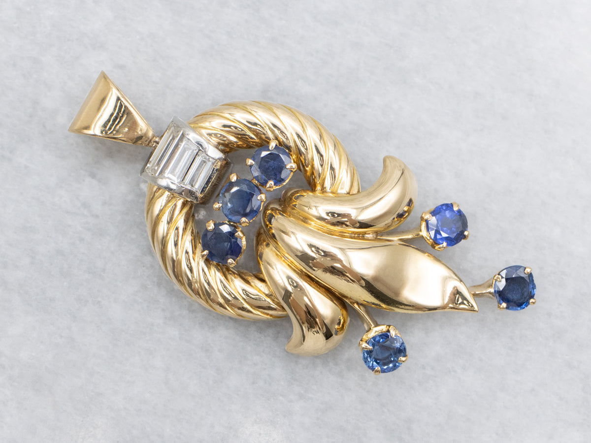 Vintage Sapphire and Baguette Cut Diamond Pendant