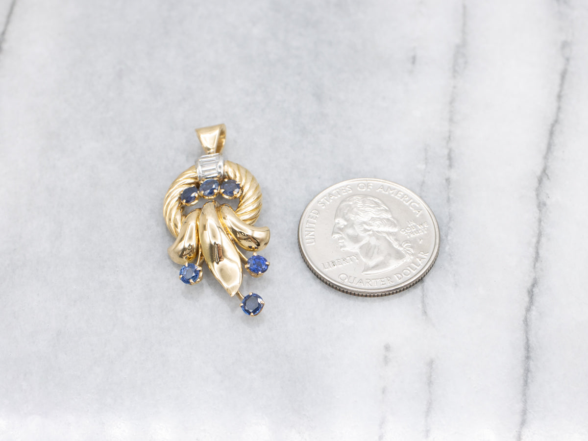 Vintage Sapphire and Baguette Cut Diamond Pendant
