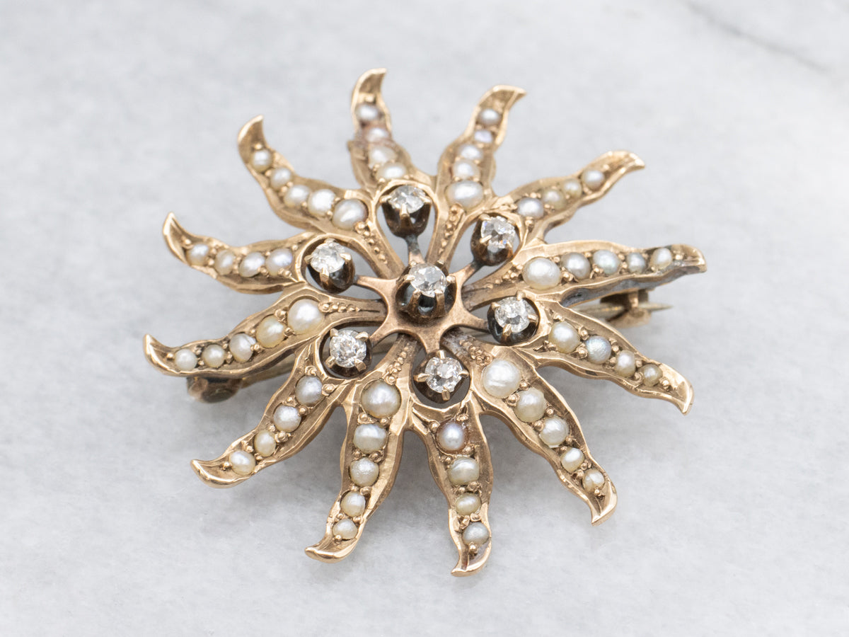 Old Mine Cut Diamonds and Seed Pearl Sun Brooch or Pendant