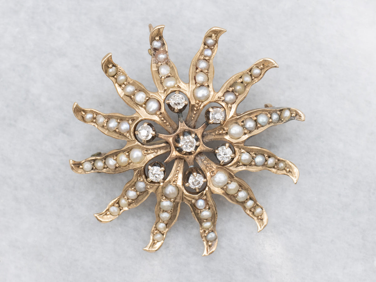 Old Mine Cut Diamonds and Seed Pearl Sun Brooch or Pendant