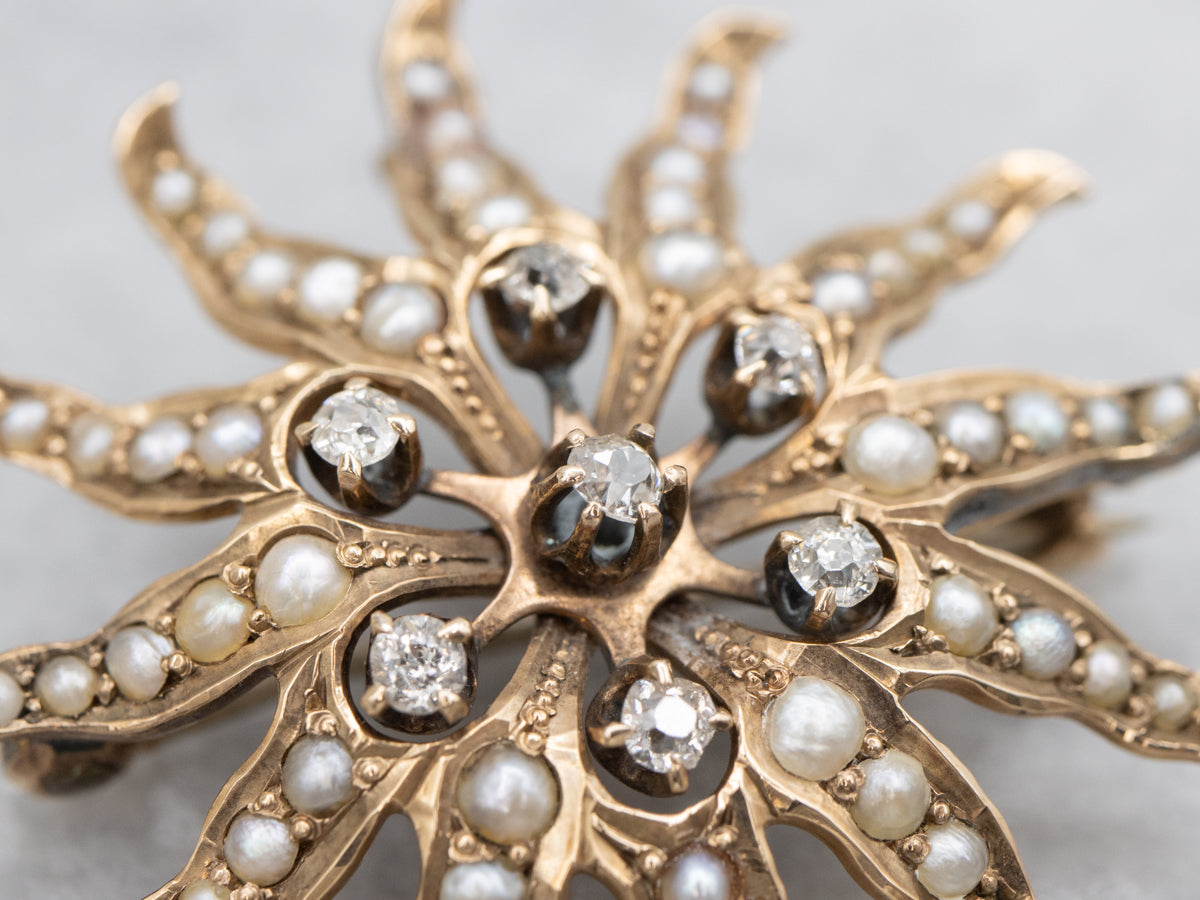 Old Mine Cut Diamonds and Seed Pearl Sun Brooch or Pendant