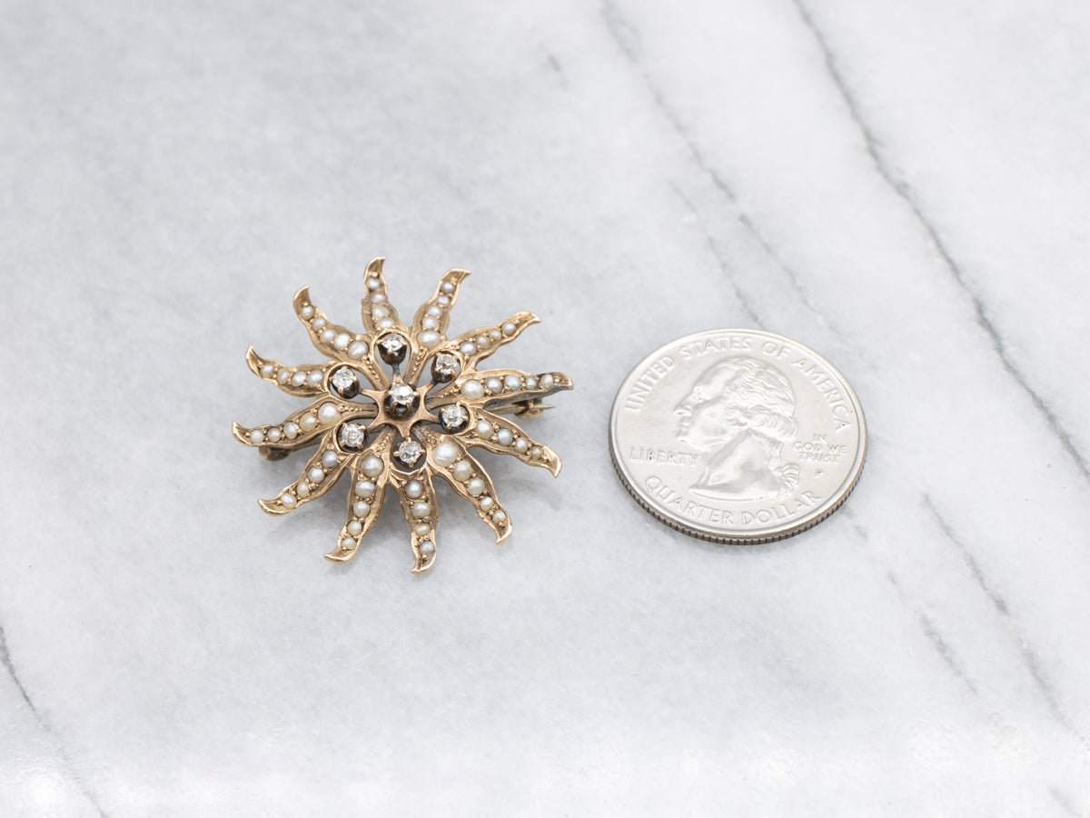 Old Mine Cut Diamonds and Seed Pearl Sun Brooch or Pendant
