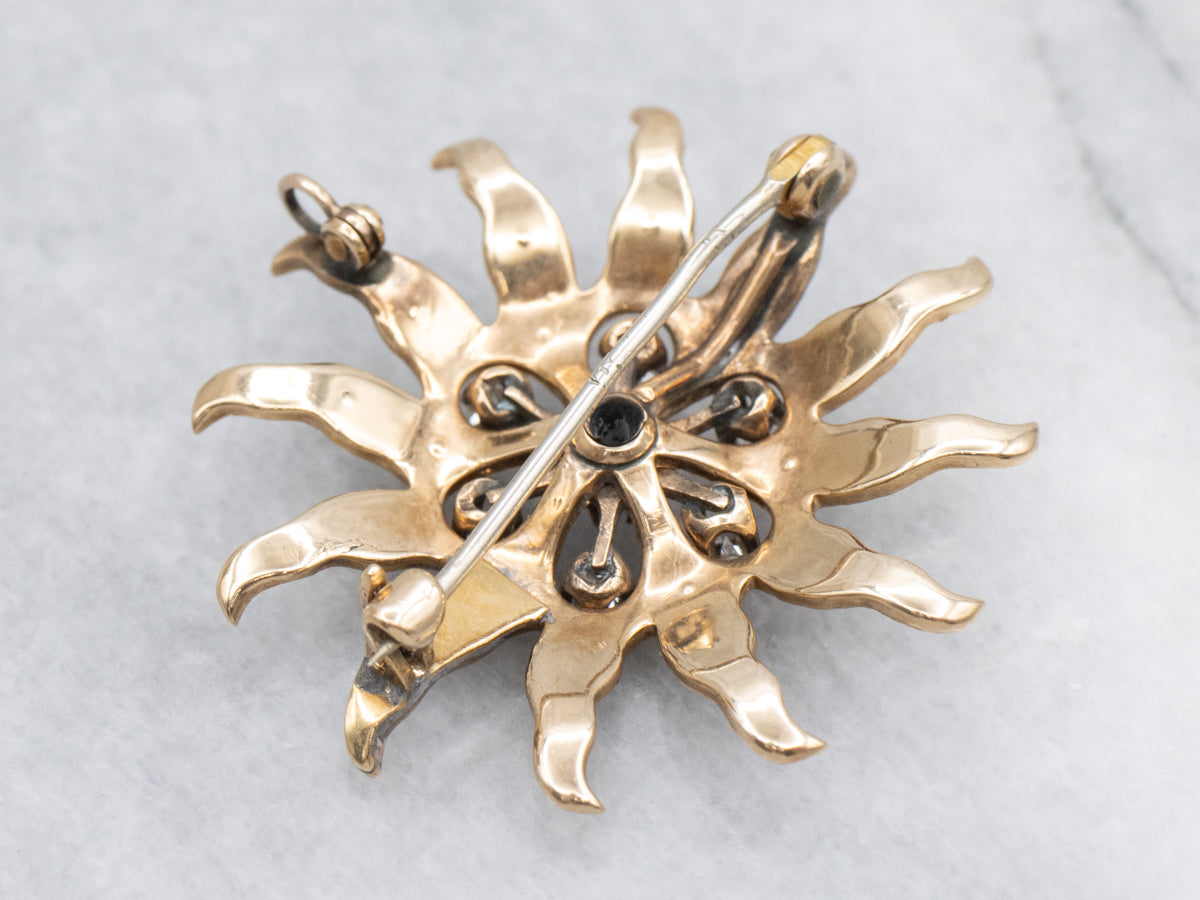 Old Mine Cut Diamonds and Seed Pearl Sun Brooch or Pendant