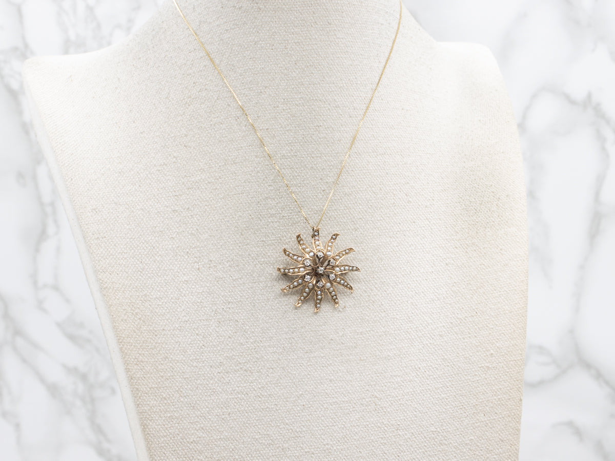 Old Mine Cut Diamonds and Seed Pearl Sun Brooch or Pendant