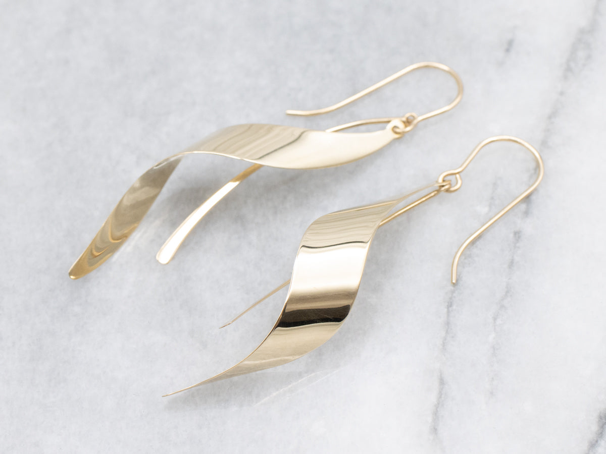 Twisting Polished Gold Ribbon Drop Earrings