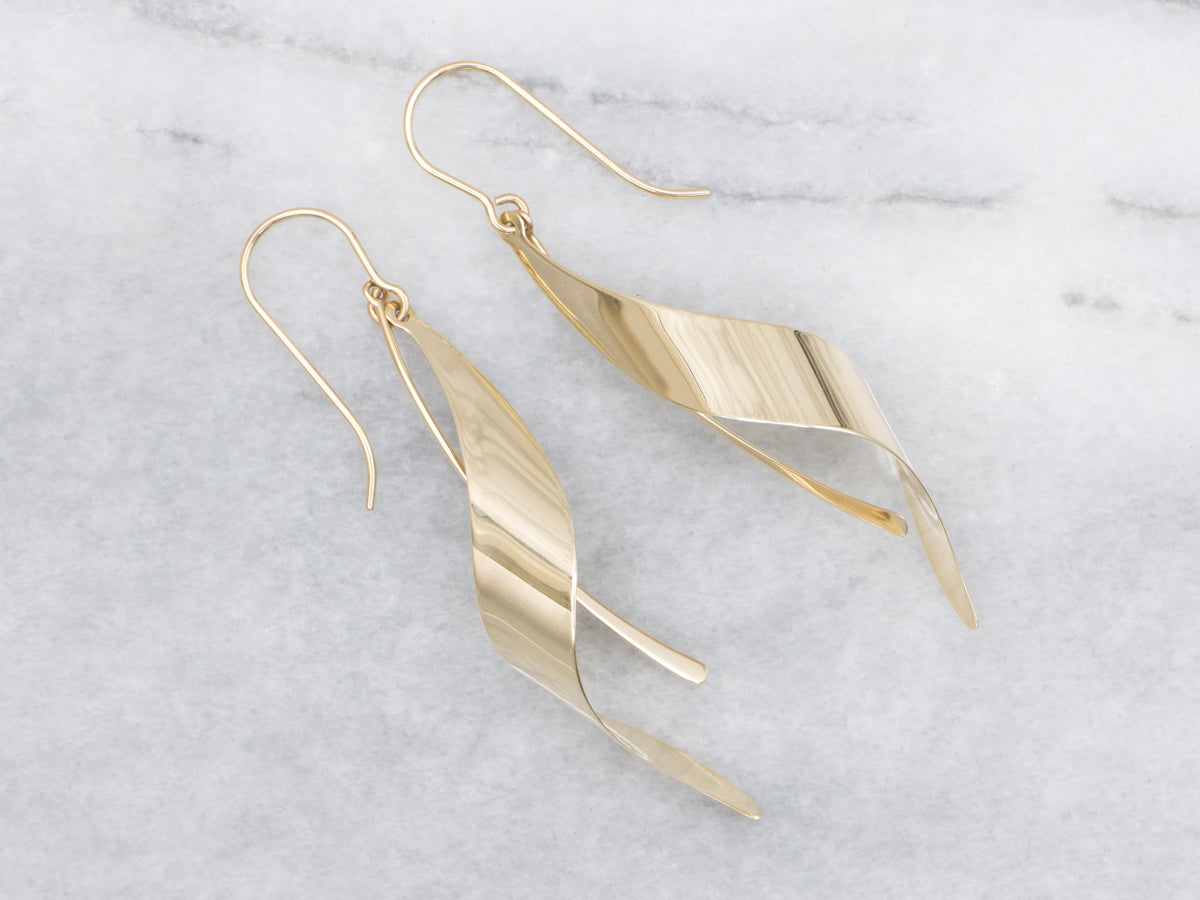 Twisting Polished Gold Ribbon Drop Earrings