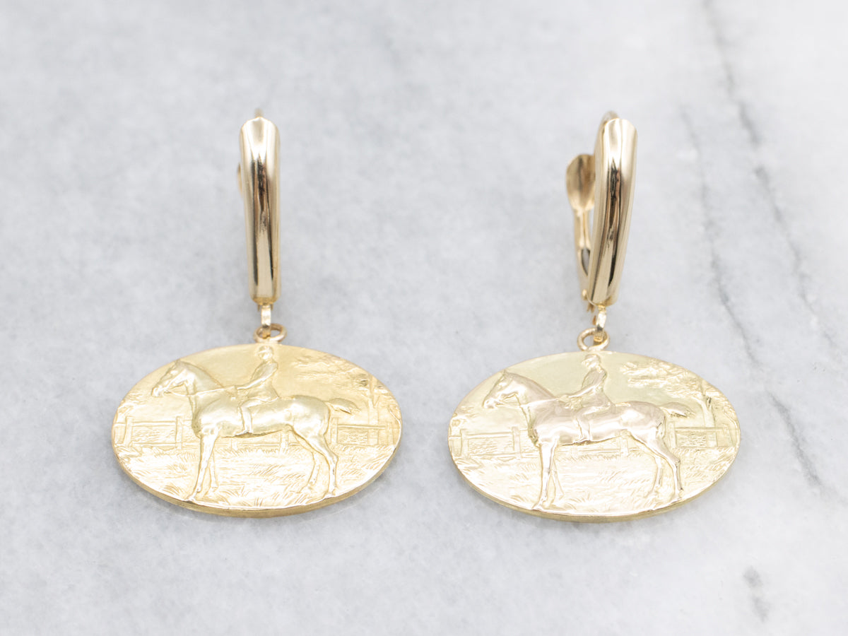 Equestrian Cufflink Conversion Gold Drop Earrings