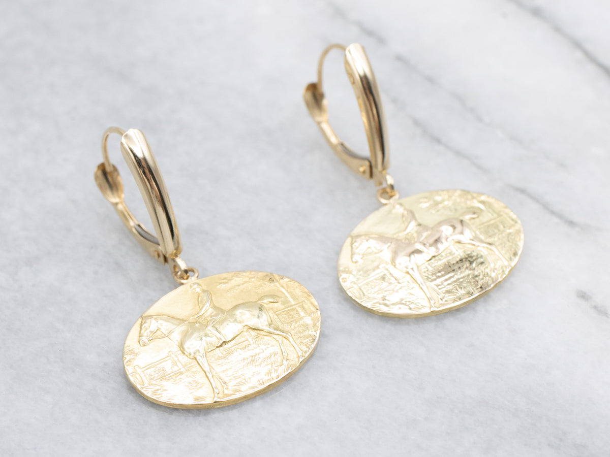Equestrian Cufflink Conversion Gold Drop Earrings