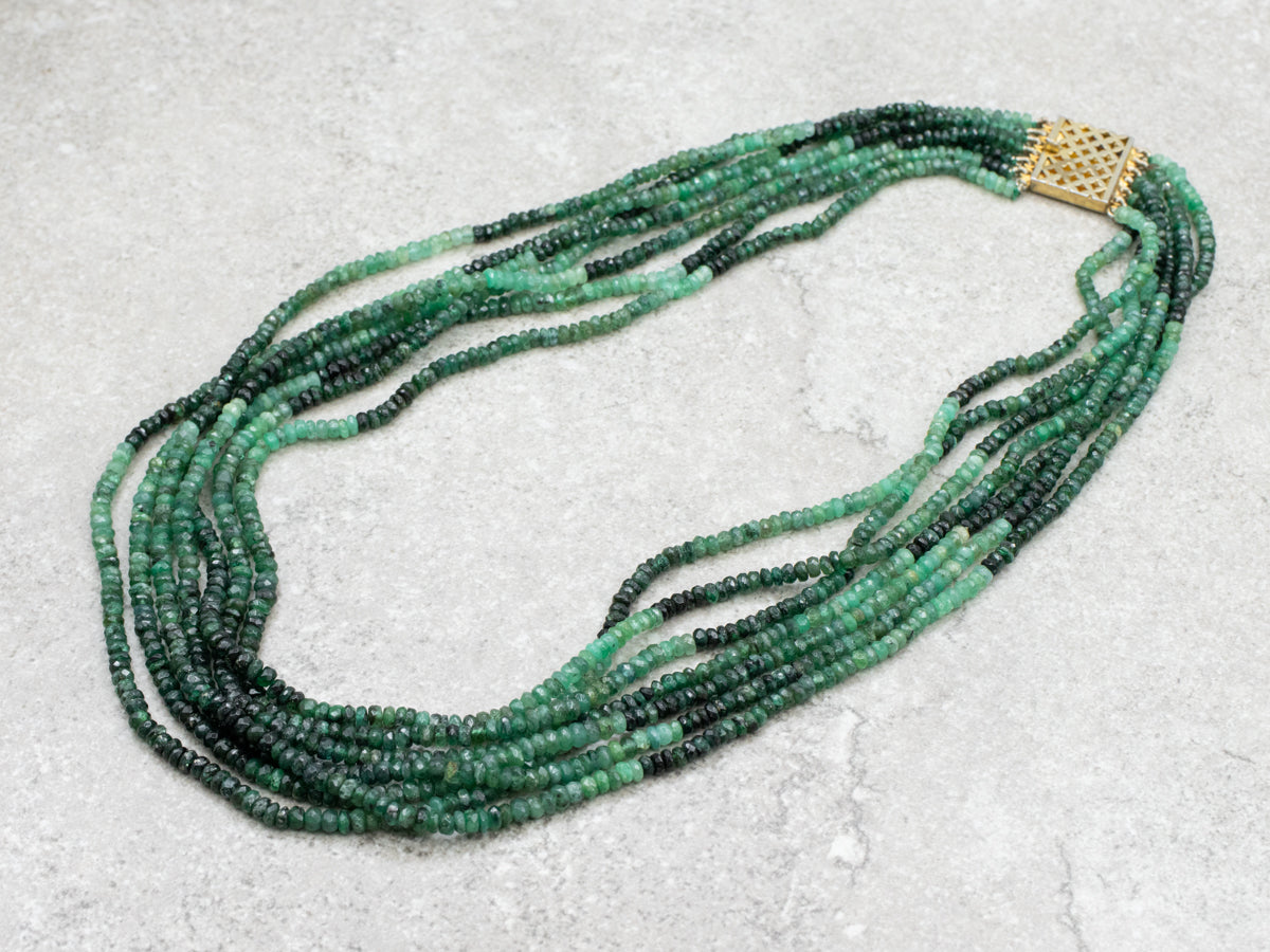 Multi-Strand Green Tourmaline Beaded Necklace with Gold Tone Clasp