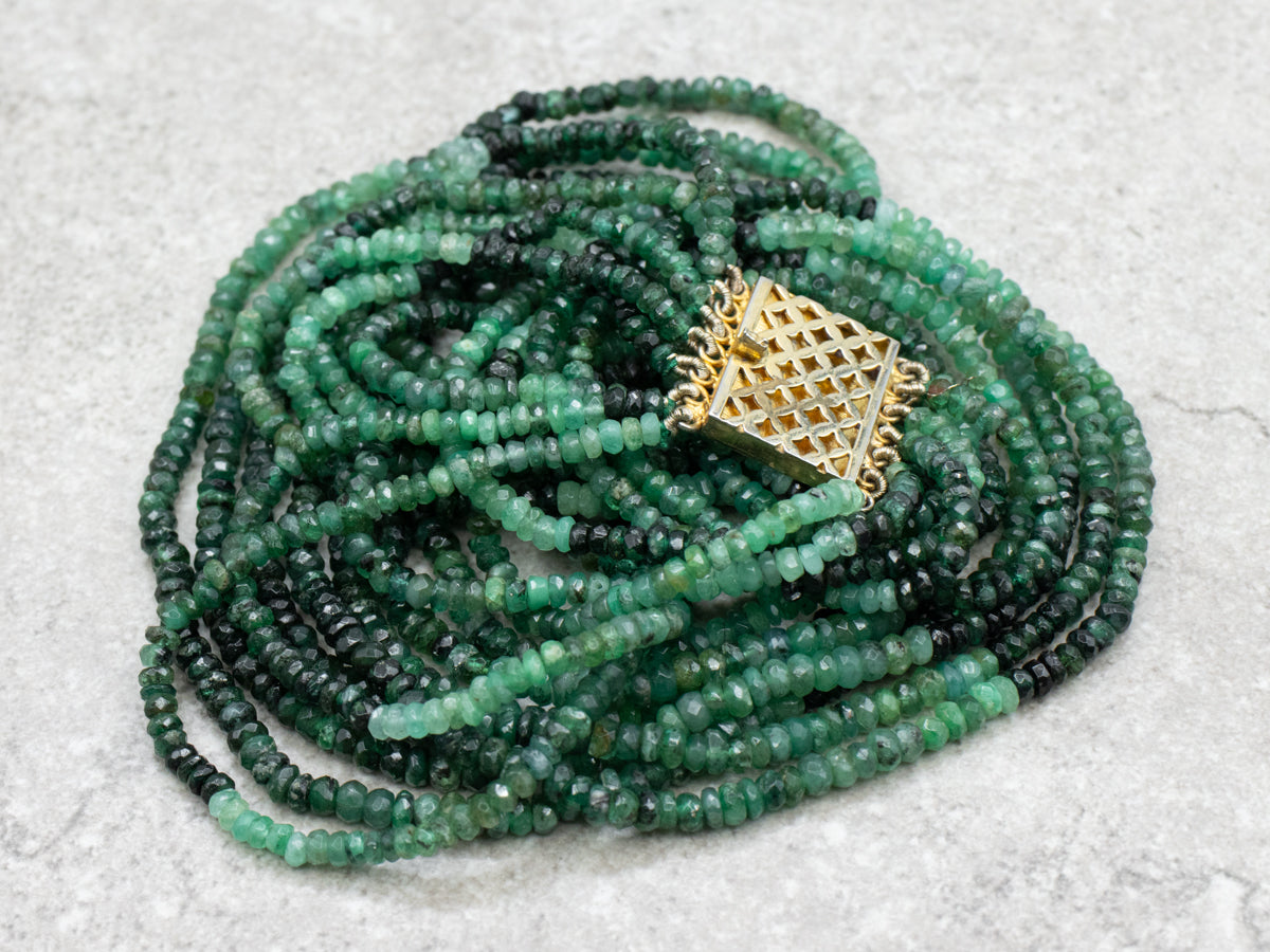 Multi-Strand Green Tourmaline Beaded Necklace with Gold Tone Clasp