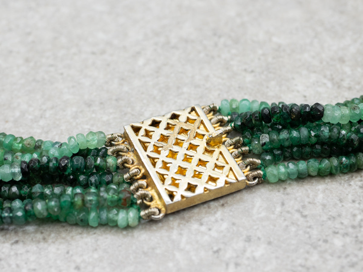 Multi-Strand Green Tourmaline Beaded Necklace with Gold Tone Clasp