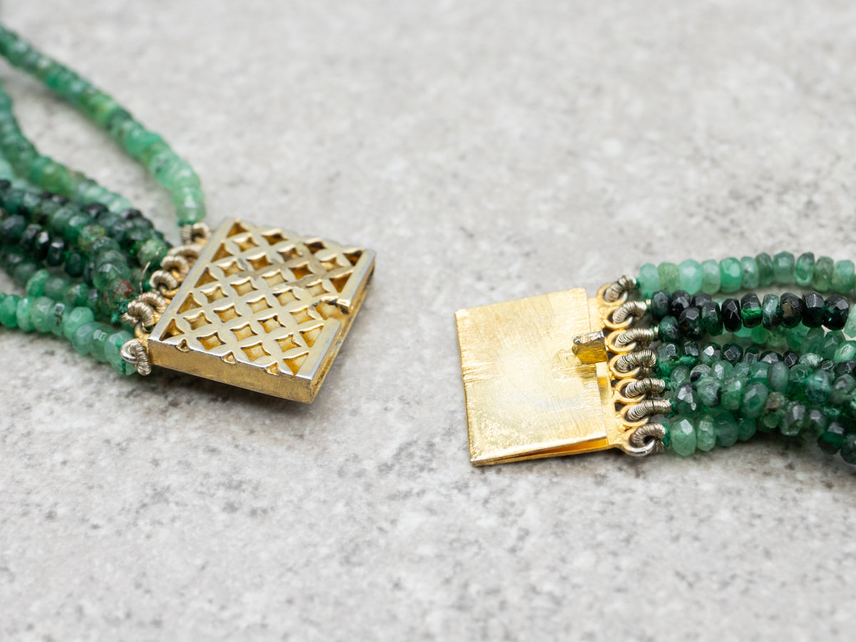 Multi-Strand Green Tourmaline Beaded Necklace with Gold Tone Clasp