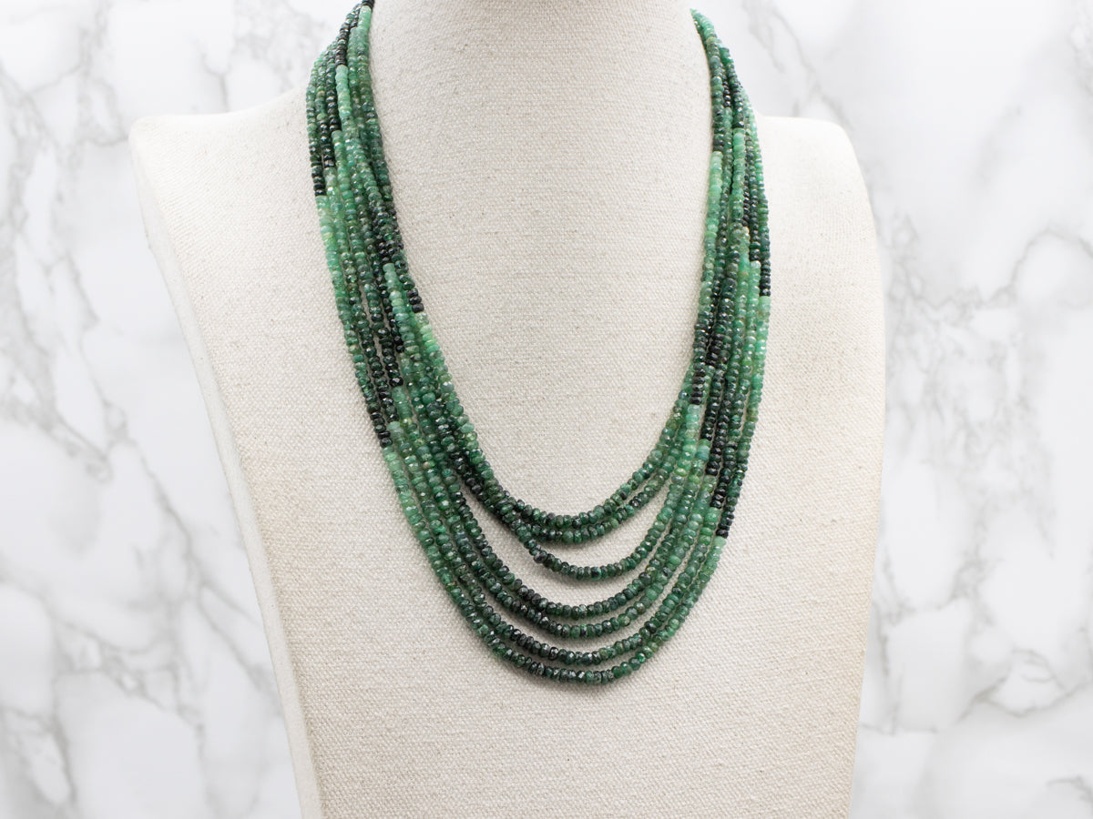 Multi-Strand Green Tourmaline Beaded Necklace with Gold Tone Clasp