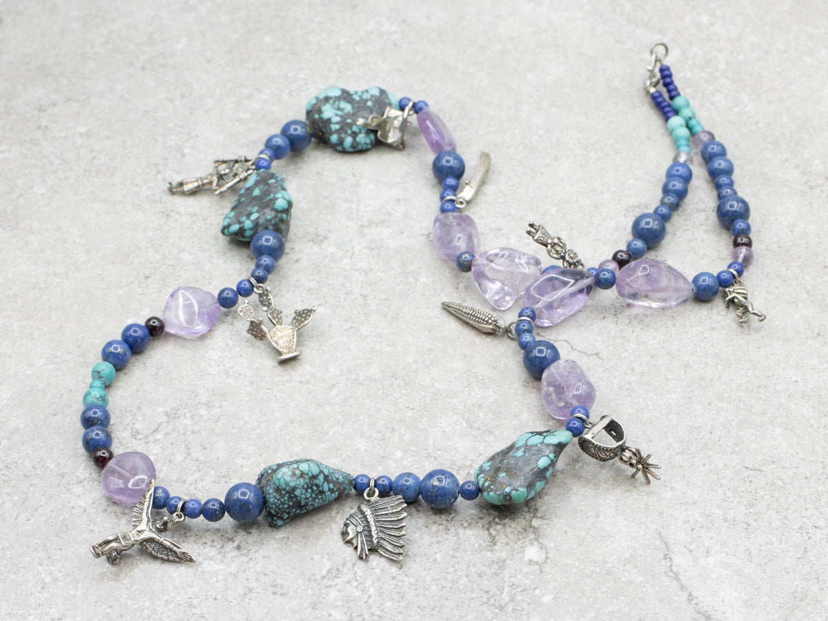 Sterling Silver Turquoise, Amethyst, and Lapis Beaded Necklace with Southwestern Charms