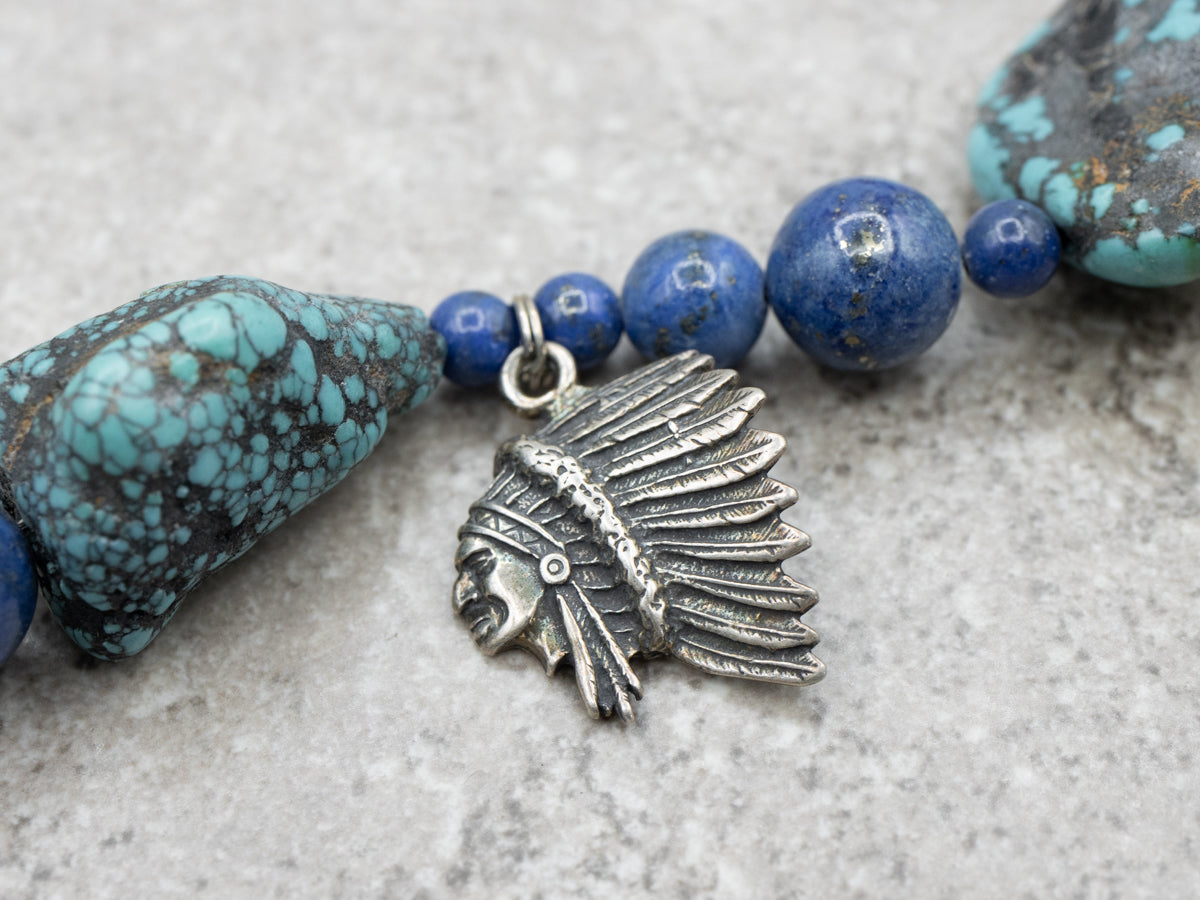 Sterling Silver Turquoise, Amethyst, and Lapis Beaded Necklace with Southwestern Charms