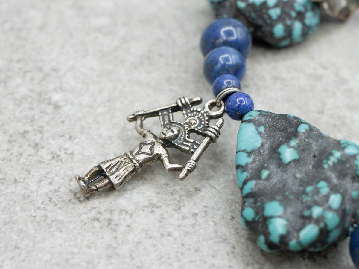 Sterling Silver Turquoise, Amethyst, and Lapis Beaded Necklace with Southwestern Charms