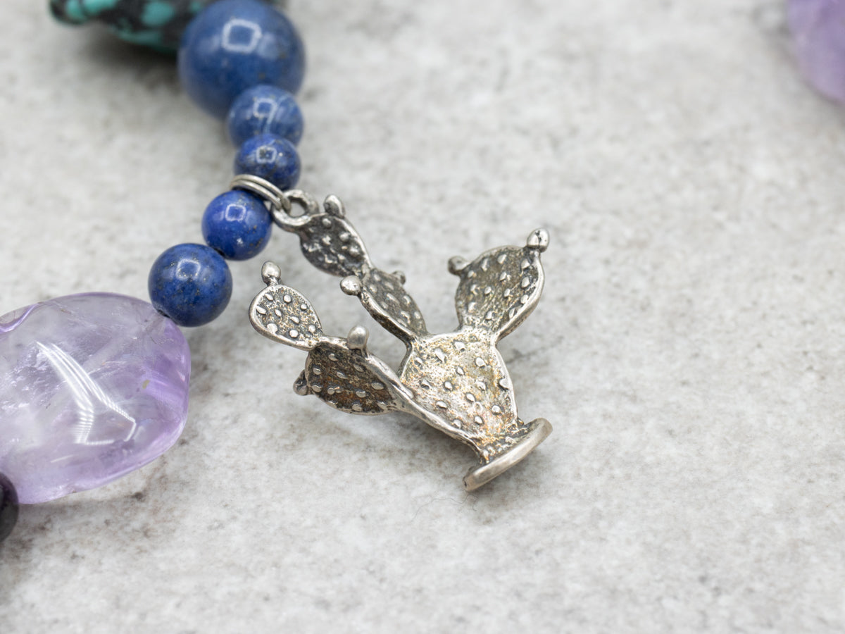 Sterling Silver Turquoise, Amethyst, and Lapis Beaded Necklace with Southwestern Charms