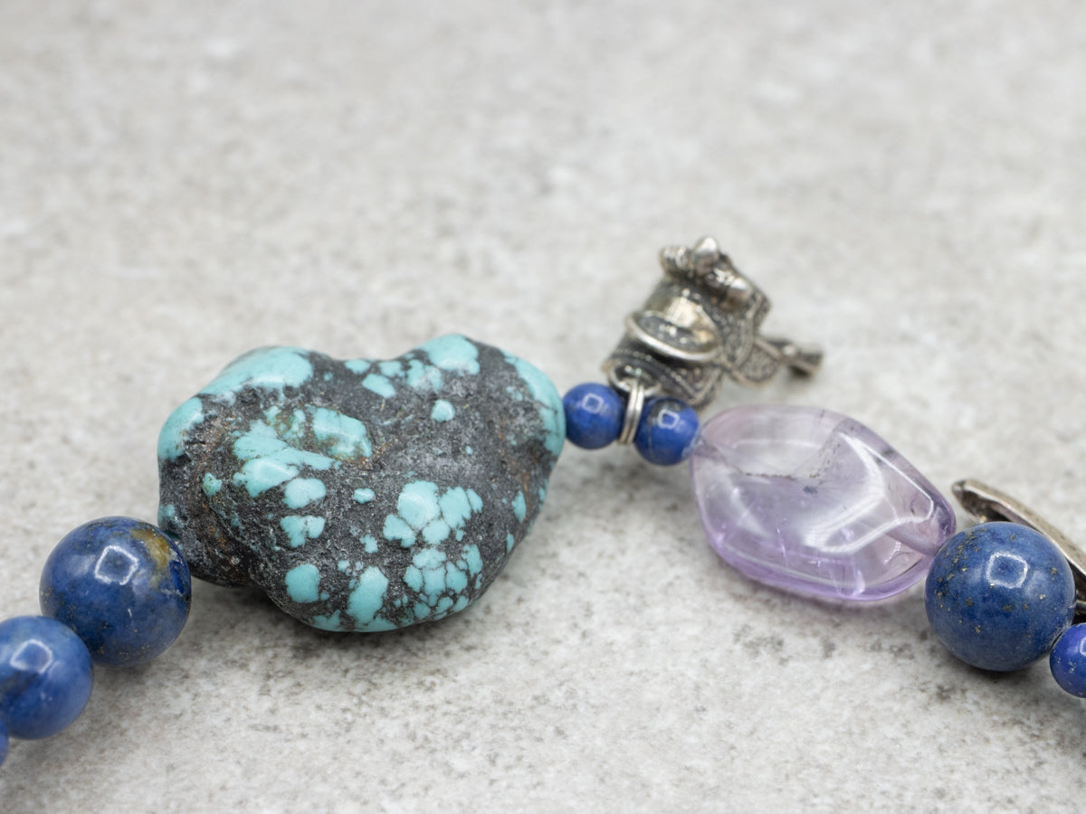 Sterling Silver Turquoise, Amethyst, and Lapis Beaded Necklace with Southwestern Charms