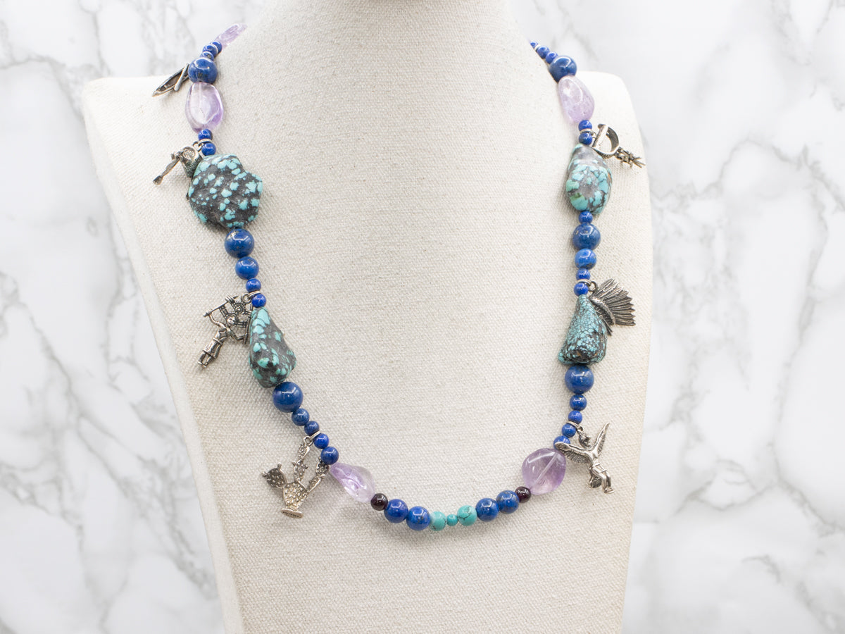 Sterling Silver Turquoise, Amethyst, and Lapis Beaded Necklace with Southwestern Charms