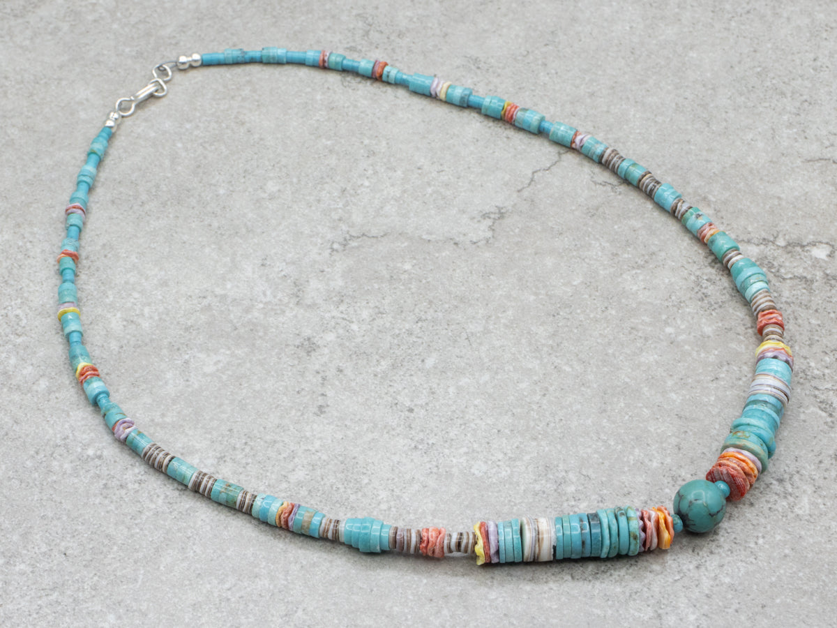 Spiny Oyster Shell Turquoise and Heishi Shell Beaded Necklace