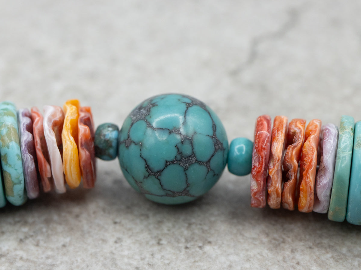 Spiny Oyster Shell Turquoise and Heishi Shell Beaded Necklace