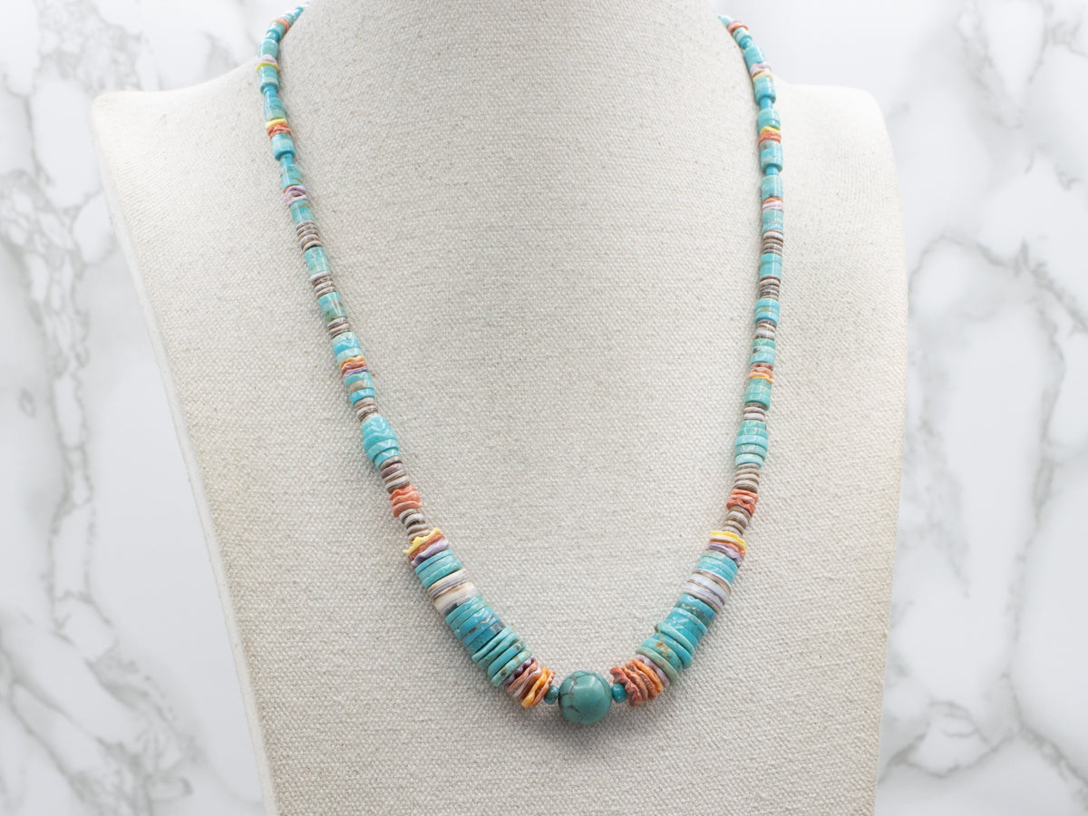 Spiny Oyster Shell Turquoise and Heishi Shell Beaded Necklace
