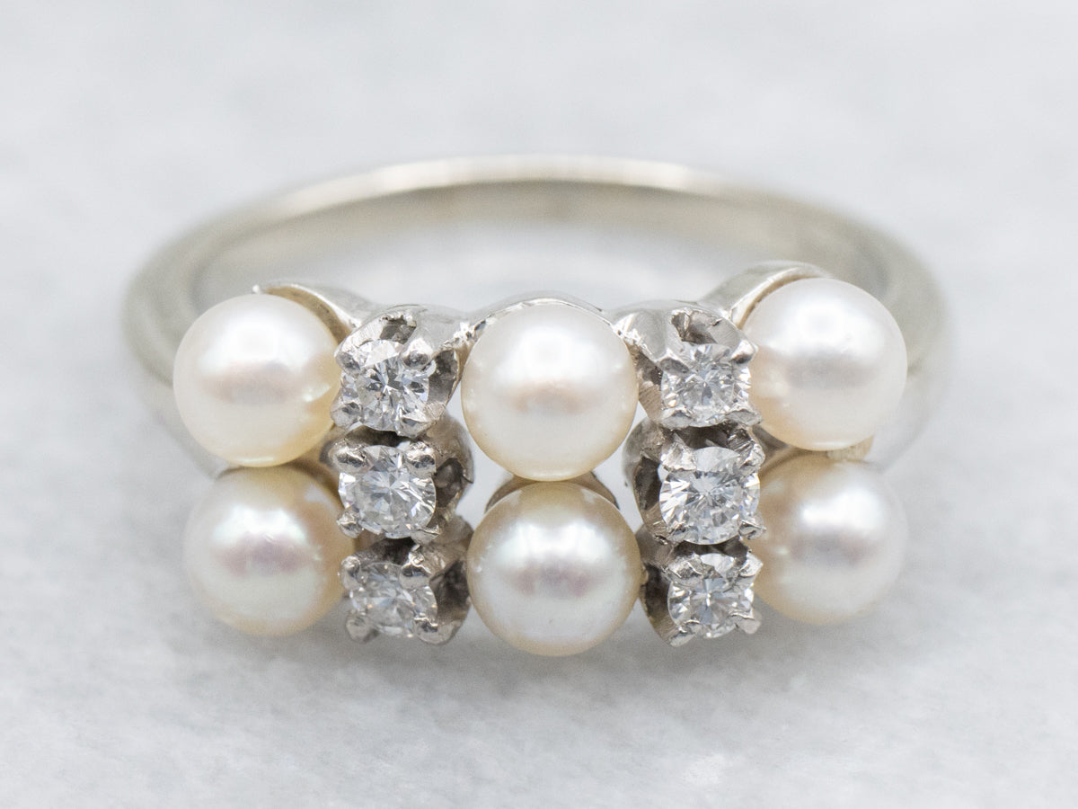 Double Row Saltwater Pearl and Diamond Cocktail Ring